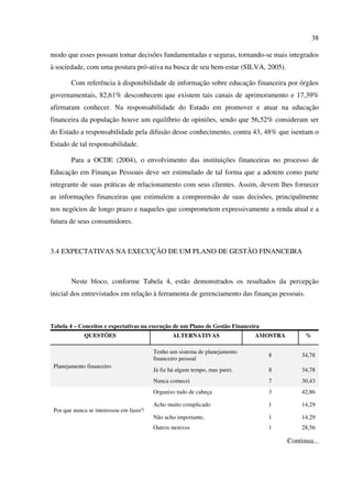 38
modo que esses possam tomar decisões fundamentadas e seguras, tornando-se mais integrados
à sociedade, com uma postura pró-ativa na busca de seu bem-estar (SILVA, 2005).
Com referência à disponibilidade de informação sobre educação financeira por órgãos
governamentais, 82,61% desconhecem que existem tais canais de aprimoramento e 17,39%
afirmaram conhecer. Na responsabilidade do Estado em promover e atuar na educação
financeira da população houve um equilíbrio de opiniões, sendo que 56,52% consideram ser
do Estado a responsabilidade pela difusão desse conhecimento, contra 43, 48% que isentam o
Estado de tal responsabilidade.
Para a OCDE (2004), o envolvimento das instituições financeiras no processo de
Educação em Finanças Pessoais deve ser estimulado de tal forma que a adotem como parte
integrante de suas práticas de relacionamento com seus clientes. Assim, devem lhes fornecer
as informações financeiras que estimulem a compreensão de suas decisões, principalmente
nos negócios de longo prazo e naqueles que comprometem expressivamente a renda atual e a
futura de seus consumidores.
3.4 EXPECTATIVAS NA EXECUÇÃO DE UM PLANO DE GESTÃO FINANCEIRA
Neste bloco, conforme Tabela 4, estão demonstrados os resultados da percepção
inicial dos entrevistados em relação à ferramenta de gerenciamento das finanças pessoais.
Tabela 4 – Conceitos e expectativas na execução de um Plano de Gestão Financeira
QUESTÕES ALTERNATIVAS AMOSTRA %
Planejamento financeiro
Tenho um sistema de planejamento
financeiro pessoal
8 34,78
Já fiz há algum tempo, mas parei. 8 34,78
Nunca comecei 7 30,43
Por que nunca se interessou em fazer?
Organizo tudo de cabeça 3 42,86
Acho muito complicado 1 14,29
Não acho importante, 1 14,29
Outros motivos 1 28,56
Continua...
 