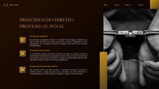 Sullivan Vareiro Contact
About Us
Service
Home
PRINCÍPIOS DO DIREITO
PROCESSUAL PENAL
Este princípio, consagrado no artigo 1º do Código Penal Português, estabelece que
não há crime nem pena sem uma lei anterior que os defina. A legalidade é crucial
para garantir que a atuação do Estado se dê dentro dos limites da lei, evitando
arbitrariedades.
01
02
03
Princípio da Legalidade
O contraditório garante que todas as partes envolvidas no processo tenham a
oportunidade de apresentar suas alegações e provas. Este princípio é essencial para
a equidade do processo, permitindo que o acusado se defenda adequadamente. Sua
aplicação é evidente nas fases de instrução e julgamento.
Princípio do Contraditório
Este princípio afirma que todo acusado é considerado inocente até prova em
contrário. Assim, a carga da prova cabe à acusação, que deve demonstrar a
culpabilidade do réu. Este princípio é consagrado no artigo 32º da Constituição.
Princípio da Presunção de Inocência
 