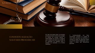 Sullivan Vareiro
CONTEXTUALIZAÇÃO
NAS FASES PROCESSUAIS
Em cada uma dessas fases, os princípios
processuais penais servem para proteger
os direitos do acusado, garantir a
imparcialidade do processo e assegurar
que o Estado atue dentro dos limites da
lei, mantendo um equilíbrio entre a
proteção da sociedade e os direitos
individuais.
A "contextualização nas fases
processuais", portanto, é a análise de
como esses princípios se manifestam e
orientam as ações nas diferentes etapas
do processo penal, assegurando que o
direito à justiça seja efetivamente
garantido.
 