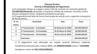Nr. De
Ordem
Quantidade Data Preço
1 1º Fornecimento – 5 toneladas 30 deJaneiro de 2023 125.000.000,00
2 2º Fornecimento – 2.5 toneladas 30 de Março de 2023 62.500.000,00
3 3º Fornecimento - 2.5 toneladas 30 de Junho de 2023 62.500.000,00
Total Geral 250.000.000,00
Cláusula Terceira
(Formas e Modalidades de Pagamento)
a) O comprador obriga-se a pagar o preço total do contrato no montante global de
250.000.000,00meticais (duzentos e cinquenta milhões de meticais), incluindo o IVA e
demais obrigações fiscais, mediante transferência bancária.
b) O pagamento será feito de forma fraccionada de acordo com o seguinte cronograma
de fornecimento :
c) O pagamento será efectuado em moeda nacional (Meticais) mediante
transferência bancária para o banco ABSA, nib 0000045565868 Conta nº 45565868 ,
titulada em nome de VALE MOÇAMBIQUE.
 