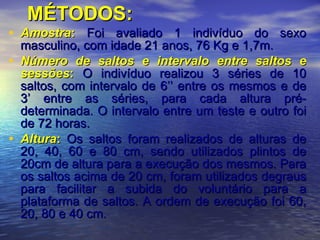 MÉTODOS: Amostra :  Foi avaliado 1 indivíduo do sexo masculino, com idade 21 anos, 76 Kg e 1,7m.   Número de saltos e intervalo entre saltos e sessões :  O indivíduo realizou 3 séries de 10 saltos, com intervalo de 6’’ entre os mesmos e de 3’ entre as séries, para cada altura pré-determinada. O intervalo entre um teste e outro foi de 72 horas.   Altura :  Os saltos foram realizados de alturas de 20, 40, 60 e 80 cm, sendo utilizados plintos de 20cm de altura para a execução dos mesmos. Para os saltos acima de 20 cm, foram utilizados degraus para facilitar a subida do voluntário para a plataforma de saltos. A ordem de execução foi 60, 20, 80 e 40 cm. 