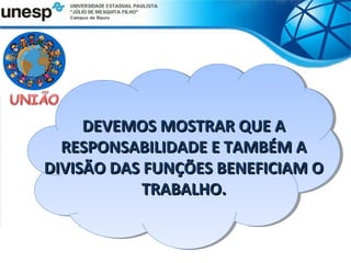 DEVEMOS MOSTRAR QUE A
     DEVEMOS MOSTRAR QUE A
  RESPONSABILIDADE E TAMBÉM A
  RESPONSABILIDADE E TAMBÉM A
DIVISÃO DAS FUNÇÕES BENEFICIAM O
DIVISÃO DAS FUNÇÕES BENEFICIAM O
            TRABALHO.
            TRABALHO.
 
