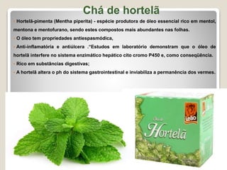 Chá de hortelã
 Hortelã-pimenta (Mentha piperita) - espécie produtora de óleo essencial rico em mentol,
mentona e mentofurano, sendo estes compostos mais abundantes nas folhas.
 O óleo tem propriedades antiespasmódica,
 Anti-inflamatória e antiúlcera .“Estudos em laboratório demonstram que o óleo de
hortelã interfere no sistema enzimático hepático cito cromo P450 e, como conseqüência.
 Rico em substâncias digestivas;
 A hortelã altera o ph do sistema gastrointestinal e inviabiliza a permanência dos vermes.
 