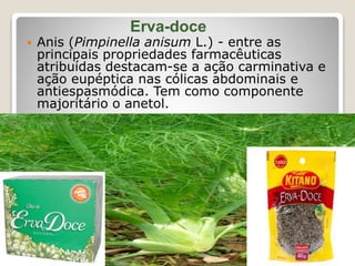 Erva-doce
 Anis (Pimpinella anisum L.) - entre as
principais propriedades farmacêuticas
atribuídas destacam-se a ação carminativa e
ação eupéptica nas cólicas abdominais e
antiespasmódica. Tem como componente
majoritário o anetol.
 