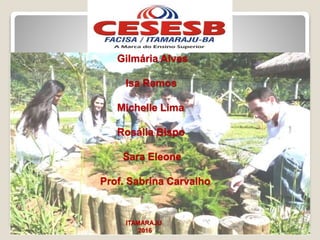 Gilmária Alves
Isa Ramos
Michelle Lima
Rosália Bispo
Sara Eleone
Prof. Sabrina Carvalho
ITAMARAJU
2016
 