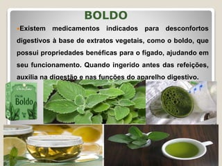 BOLDO
Existem medicamentos indicados para desconfortos
digestivos à base de extratos vegetais, como o boldo, que
possui propriedades benéficas para o fígado, ajudando em
seu funcionamento. Quando ingerido antes das refeições,
auxilia na digestão e nas funções do aparelho digestivo.
 