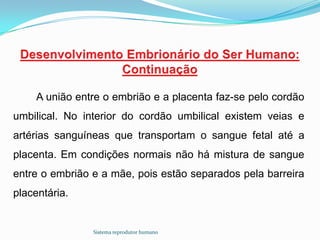 A união entre o embrião e a placenta faz-se pelo cordão
umbilical. No interior do cordão umbilical existem veias e
artérias sanguíneas que transportam o sangue fetal até a
placenta. Em condições normais não há mistura de sangue
entre o embrião e a mãe, pois estão separados pela barreira
placentária.


                Sistema reprodutor humano
 