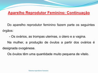 Do aparelho reprodutor feminino fazem parte os seguintes
órgãos:
    - Os ovários, as trompas uterinas, o útero e a vagina.
   Na mulher, a produção de óvulos a partir dos ovários é
designada ovogénese.
   Os óvulos têm uma quantidade muito pequena de vitelo.



                 Sistema reprodutor humano
 