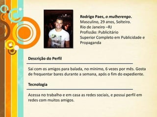 Rodrigo Paes, o mulherengo.
                             Masculino, 29 anos, Solteiro.
                             Rio de Janeiro –RJ
                             Profissão: Publicitário
                             Superior Completo em Publicidade e
                             Propaganda


Descrição do Perfil

Sai com os amigos para balada, no mínimo, 6 vezes por mês. Gosta
de frequentar bares durante a semana, após o fim do expediente.

Tecnologia

Acessa no trabalho e em casa as redes sociais, e possui perfil em
redes com muitos amigos.
 