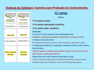 Vivência do Cotidiano: Caminho para Produção do Conhecimento.
42 cartas
Sendo:
14 cartas textos.
14 cartas expressão numérica.
14 cartas valor numérico.
Como jogar:
 Grupo de 4 alunos sendo que duas duplas jogam juntas;
Distribuir 3 cartas para cada aluno; as outras ficam na mesa um “monte”;
 Sempre começa pela direita;
 Começando pelo aluno que tem o texto, colocando a carta sobre a mesa;
 A dupla que completar as 3 cartas (texto, expressão numérica e valor numérico,
ficam com elas);
Após as jogadas completas, cada participante “pega” uma carta do monte que
está na mesa, e assim sucessivamente;
Quem ficar com o maior número de cartas ganhou o jogo;
Como o número de alunos são 10 (sobrando dois alunos), cada um é quem
coordena o jogo olha se está certo e dá o “aval” final para cada equipe;
 