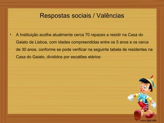 Respostas sociais / Valências

•   A Instituição acolhe atualmente cerca 70 rapazes a residir na Casa do
    Gaiato de Lisboa, com idades compreendidas entre os 5 anos e os cerca
    de 30 anos, conforme se pode verificar na seguinte tabela de residentes na
    Casa do Gaiato, divididos por escalões etários:
 
