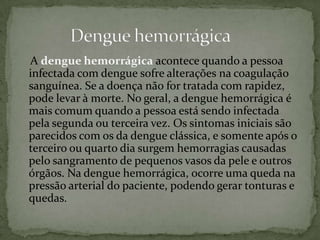 A dengue hemorrágica acontece quando a pessoa
infectada com dengue sofre alterações na coagulação
sanguínea. Se a doença não for tratada com rapidez,
pode levar à morte. No geral, a dengue hemorrágica é
mais comum quando a pessoa está sendo infectada
pela segunda ou terceira vez. Os sintomas iniciais são
parecidos com os da dengue clássica, e somente após o
terceiro ou quarto dia surgem hemorragias causadas
pelo sangramento de pequenos vasos da pele e outros
órgãos. Na dengue hemorrágica, ocorre uma queda na
pressão arterial do paciente, podendo gerar tonturas e
quedas.
 