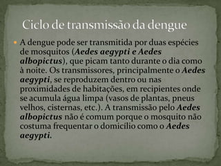  A dengue pode ser transmitida por duas espécies
de mosquitos (Aedes aegypti e Aedes
albopictus), que picam tanto durante o dia como
à noite. Os transmissores, principalmente o Aedes
aegypti, se reproduzem dentro ou nas
proximidades de habitações, em recipientes onde
se acumula água limpa (vasos de plantas, pneus
velhos, cisternas, etc.). A transmissão pelo Aedes
albopictus não é comum porque o mosquito não
costuma frequentar o domicílio como o Aedes
aegypti.
 