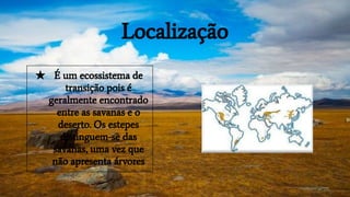 Localização
★ É um ecossistema de
transição pois é
geralmente encontrado
entre as savanas e o
deserto. Os estepes
distinguem-se das
savanas, uma vez que
não apresenta árvores
 