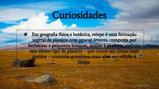 Curiosidades
★ Em geograﬁa física e botânica, estepe é uma formação
vegetal de planície com poucas árvores, composta por
herbáceas e pequenos bosques, similar à pradaria, embora
este último tipo de planície – que ocorre em climas mais
úmidos – contenha gramíneas mais altas em relação à
estepe.
 