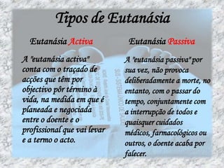       Eutanásia          Suicidio AssistidoEutanásia é praticada e assistida por um técnico especializado ou médico, tendo este o acto de administrar o método escolhido e mais próprio para provocar a morte no paciente.O suicídio assistido é a ajuda do médico ou técnico de saúde em fazer chegar ao paciente o meio para a morte, mas quem o administra é o paciente.
