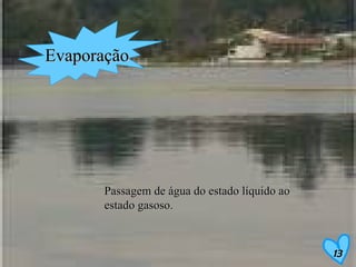 Evaporação   Passagem de água do estado líquido ao estado gasoso. 13 