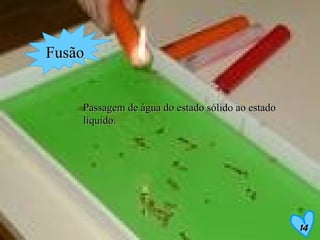 Fusão   Passagem de água do estado sólido ao estado líquido. 14 
