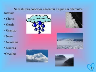 Na Natureza podemos encontrar a água em diferentes formas: Chuva Geada Granizo Neve Nevoeiro Nuvens Orvalho 2 