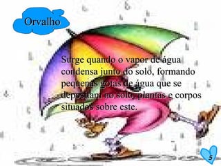 Surge quando o vapor de água condensa junto do solo, formando pequenas gotas de água que se depositam no solo, plantas e corpos situados sobre este. Orvalho 5 