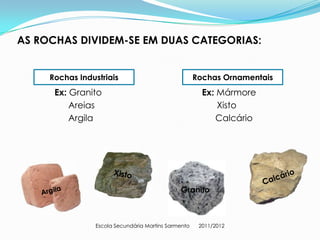 AS ROCHAS DIVIDEM-SE EM DUAS CATEGORIAS:


     Rochas Industriais                               Rochas Ornamentais
      Ex: Granito                                       Ex: Mármore
          Areias                                            Xisto
          Argila                                            Calcário




                                               Granito



                 Escola Secundária Martins Sarmento    2011/2012
 