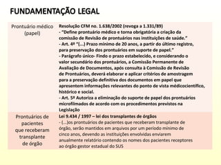 Prontuário médico
(papel)

Prontuários de
pacientes
que receberam
transplante
de órgão

Resolução CFM no. 1.638/2002 (revoga a 1.331/89)
- “Define prontuário médico e torna obrigatória a criação da
comissão de Revisão de prontuários nas instituições de saúde.”
- Art. 4º “(...) Prazo mínimo de 20 anos, a partir do último registro,
para preservação dos prontuários em suporte de papel.”
- Parágrafo único- Findo o prazo estabelecido, e considerando o
valor secundário dos prontuários, a Comissão Permanente de
Avaliação de Documentos, após consulta à Comissão de Revisão
de Prontuários, deverá elaborar e aplicar critérios de amostragem
para a preservação definitiva dos documentos em papel que
apresentem informações relevantes do ponto de vista médicocientífico,
histórico e social.
- Art. 5º Autoriza a eliminação do suporte de papel dos prontuários
microfilmados de acordo com os procedimentos previstos na
Legislação
Lei 9.434 / 1997 – lei dos transplantes de órgãos
- (...)os prontuários de pacientes que receberam transplante de
órgão, serão mantidos em arquivos por um período mínimo de
cinco anos, devendo as instituições envolvidas enviarem
anualmente relatório contendo os nomes dos pacientes receptores
ao órgão gestor estadual do SUS

 
