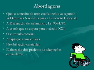 Abordagens Qual o conceito de uma escola inclusiva segundo as Diretrizes Nacionais para a Educação Especial? A Declaração de Salamanca , Lei 9394/96. A escola que se espera para o século XXI. O currículo escolar. Adaptações curriculares. Flexibilização curricular Elaboração dos projetos de adaptações curriculares. 