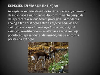 Espécies em vias de Extinção
As espécies em vias de extinção são aquelas cujo número
de indivíduos é muito reduzido, com iminente perigo de
desaparecerem se não forem protegidas. A moderna
ecologia faz a distinção entre as espécies em vias de
extinção e as espécies ameaçadas ou em perigo de
extinção, constituindo estas últimas as espécies cuja
população, apesar de ter diminuído, não se encontra
prestes da extinção.
 