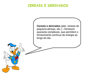 CEREAIS E DERIVADOS
Cereais e derivados (pão, cereais de
pequeno-almoço, etc.) – fornecem
açúcares complexos, que permitem o
fornecimento contínuo de energia ao
longo do dia.
 