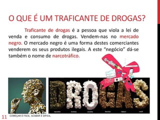 O QUE É UM TRAFICANTE DE DROGAS?
Traficante de Drogas é a pessoa que viola a lei de venda e
consumo de Drogas no mercado negro ou narcotráfico. O
mercado negro ou narcotráfico é um mercado ilegal onde se
comercializam produtos também ilegais.
COMEÇAR É FÁCIL. ACABAR É DIFICIL.
11
 