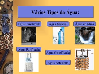 Vários Tipos da Água:   Água Canalizada Água Mineral Água de Mina Água Purificada Água Gaseificada Água Artesiana 