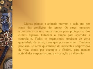Muitas plantas e animais morrem a cada ano por causa das condições do tempo. Os seres humanos arquitectam casas e usam roupas para proteger-se dos climas ásperos. Estudam o tempo para aprender a controlá-lo. Todos os organismos precisam de certa quantidade de espaço em que possam viver. Também precisam de certa quantidade de nutrientes desprovidos de vida, como por exemplo o fósforo, para manter actividades corporais como a circulação e a digestão. 