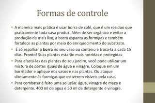 Formas de controle
 A maneira mais prática é usar borra de café, que é um resíduo que
praticamente toda casa produz. Além de ser orgânico e evitar a
produção de mais lixo, a borra espanta as formigas e também
fortalece as plantas por meio do enriquecimento do substrato.
 É só espalhar a borra no seu vaso ou canteiro e trocá-la a cada 15
dias. Pronto! Suas plantas estarão mais nutridas e protegidas.
 Para afastá-las das plantas do seu jardim, você pode utilizar um
mistura de partes iguais de água e vinagre. Coloque em um
borrifador e aplique nos vasos e nas plantas. Ou ataque
diretamente às formigas que estiverem visíveis pela casa.
 Para combater é feito uma solução: água, vinagre de maça e
detergente. 400 ml de agua e 50 ml de detergente e vinagre.
 