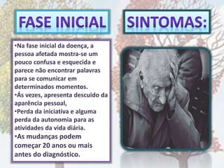 •Na fase inicial da doença, a
pessoa afetada mostra-se um
pouco confusa e esquecida e
parece não encontrar palavras
para se comunicar em
determinados momentos.
•Ás vezes, apresenta descuido da
aparência pessoal,
•Perda da iniciativa e alguma
perda da autonomia para as
atividades da vida diária.
•As mudanças podem
começar 20 anos ou mais
antes do diagnóstico.
 