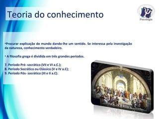 Teoria do conhecimento Procurar explicação do mundo dando-lhe um sentido. Se interessa pela investigação da natureza, conhecimento verdadeiro. A filosofia grega é dividida em três grandes períodos. Período Pré- socrático (VII e VI a.C.); Período Socrático ou Clássico (V e IV a.C); Período Pós- socrático (III e II a.C). 