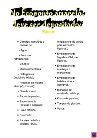 Plástico:

   Garrafas, garrafões e             embalagens de cartão
    frascos de:                       para alimentos
                                      líquidos);
     - Água;
                                   Embalagens de
     - Sumos e
                                    Iogurtes sólidos e
refrigerantes;
                                    líquidos;
    - Vinagre;
                                   Embalagens de
    - Óleos alimentares             manteiga e
                                    margarinas;
    - Detergentes
(incluindo lixívia);               Embalagens de
                                    batatas fritas e
   - Produtos de higiene (
                                    aperitivos;
shampô, cremes);
                                   Bisnagas de
    - óleo de motor;
                                    mostarda, ketchup;
   Sacos de plástico;
                                   Copos de plástico;
   Sacos de ráfia
                                   Tampas de plástico;
    (batatas e cebolas);
                                   Vasos;
   Filme plástico;
   Esferovite;
   Pacotes de leite e
    bebidas (ECAL –



                                                             4
 
