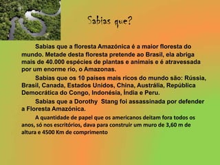 Sabias que?Sabias que a floresta Amazónica é a maior floresta do mundo. Metade desta floresta pretende ao Brasil, ela abriga mais de 40.000 espécies de plantas e animais e é atravessada por um enorme rio, o Amazonas.		Sabias que os 10 países mais ricos do mundo são: Rússia, Brasil, Canada, Estados Unidos, China, Austrália, República Democrática do Congo, Indonésia, Índia e Peru.   		Sabias que a Dorothy  Stang foi assassinada por defender a Floresta Amazónica.		A quantidade de papel que os americanos deitam fora todos os anos, só nos escritórios, dava para construir um muro de 3,60 m de altura e 4500 Km de comprimento