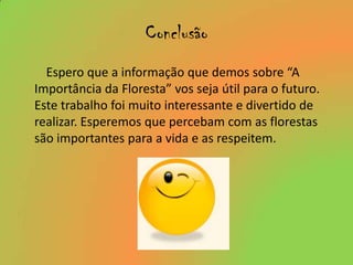 Conclusão        Espero que a informação que demos sobre “A Importância da Floresta” vos seja útil para o futuro. Este trabalho foi muito interessante e divertido de realizar. Esperemos que percebam com as florestas são importantes para a vida e as respeitem. 