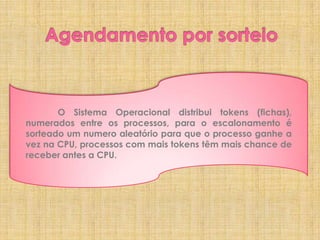O Sistema Operacional distribui tokens (fichas),
numerados entre os processos, para o escalonamento é
sorteado um numero aleatório para que o processo ganhe a
vez na CPU, processos com mais tokens têm mais chance de
receber antes a CPU.

 
