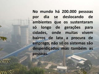 No mundo há 200.000 pessoas 
por dia se deslocando de 
ambientes que os sustentaram 
só longo de gerações para 
cidades, onde muitas vivem 
bairros de lata a procura de 
emprego, não só os sistemas são 
desperdiçados mas também as 
pessoas. 
 