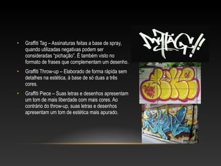 •   Graffiti Tag – Assinaturas feitas a base de spray,
    quando utilizadas negativas podem ser
    consideradas “pichação”. É também visto no
    formato de frases que complementam um desenho.
•   Graffiti Throw-up – Elaborado de forma rápida sem
    detalhes na estética, á base de só duas a três
    cores.
•   Graffiti Piece – Suas letras e desenhos apresentam
    um tom de mais liberdade com mais cores. Ao
    contrário do throw-up, suas letras e desenhos
    apresentam um tom de estética mais apurado.
 