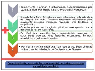 1
• Inicialmente, Portinari é influenciado academicamente por
Zuloaga, bem como pelo italiano Piero della Francesca;
2
• Quando foi à Paris, foi extremamente influenciado pela arte obra
de Chagall. Em 1931. Trabalhos fortemente influenciadas pelo
movimento muralista mexicano, revelando uma tendência à
simplificação;
• O estilo próprio vem surgindo, principalmente quando usa a
denúncia social em suas obras.
3
• Em 1948, já é perceptível traços expressionista, começando a
surgir cores violentas. Pinta retirantes, espantalhos, meninos,
sorveteiros, lavradores e favelados;
4
• Portinari simplifica cada vez mais seu estilo. Suas pinturas
sofrem, então, influência do Cubismo e de Picasso.
Como totalidade, a obra de Portinari constitui um valioso panorama
da realidade brasileira.
 