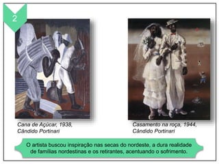 Cana de Açúcar, 1938,
Cândido Portinari
Casamento na roça, 1944,
Cândido Portinari
O artista buscou inspiração nas secas do nordeste, a dura realidade
de famílias nordestinas e os retirantes, acentuando o sofrimento.
2
 