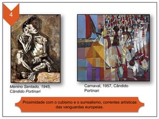 4
Proximidade com o cubismo e o surrealismo, correntes artísticas
das vanguardas europeias.
Menino Sentado, 1945,
Cândido Portinari
Carnaval, 1957, Cândido
Portinari
 