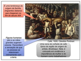 Figuras humanas
pés e as mãos
grandes sugerem
volume. Transmitem
a sensação de que
as pessoas se
relacionam
intimamente com
a terra.
É uma lembrança da
origem da família,
imigrantes italianos
que chegaram no
fim do século XIX.
Uma cena de colheita de café,
típica da região de origem do
artista, Brodósqui. Nela, é
colocada em evidência a
importância da mulher e do
homem como trabalhadores
Café, 1935, Cândido Portinari
 