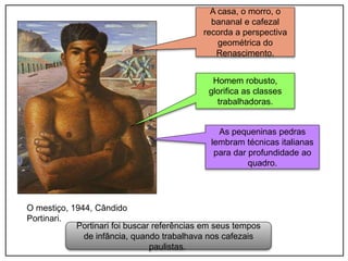 Homem robusto,
glorifica as classes
trabalhadoras.
As pequeninas pedras
lembram técnicas italianas
para dar profundidade ao
quadro.
Portinari foi buscar referências em seus tempos
de infância, quando trabalhava nos cafezais
paulistas.
A casa, o morro, o
bananal e cafezal
recorda a perspectiva
geométrica do
Renascimento.
O mestiço, 1944, Cândido
Portinari.
 