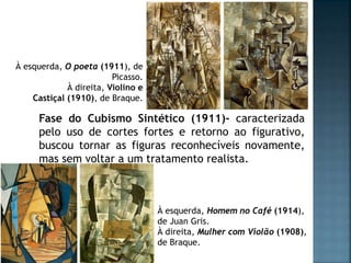 À esquerda, O poeta (1911), de
Picasso.
À direita, Violino e
Castiçal (1910), de Braque.
Fase do Cubismo Sintético (1911)- caracterizada
pelo uso de cortes fortes e retorno ao figurativo,
buscou tornar as figuras reconhecíveis novamente,
mas sem voltar a um tratamento realista.
À esquerda, Homem no Café (1914),
de Juan Gris.
À direita, Mulher com Violão (1908),
de Braque.
 
