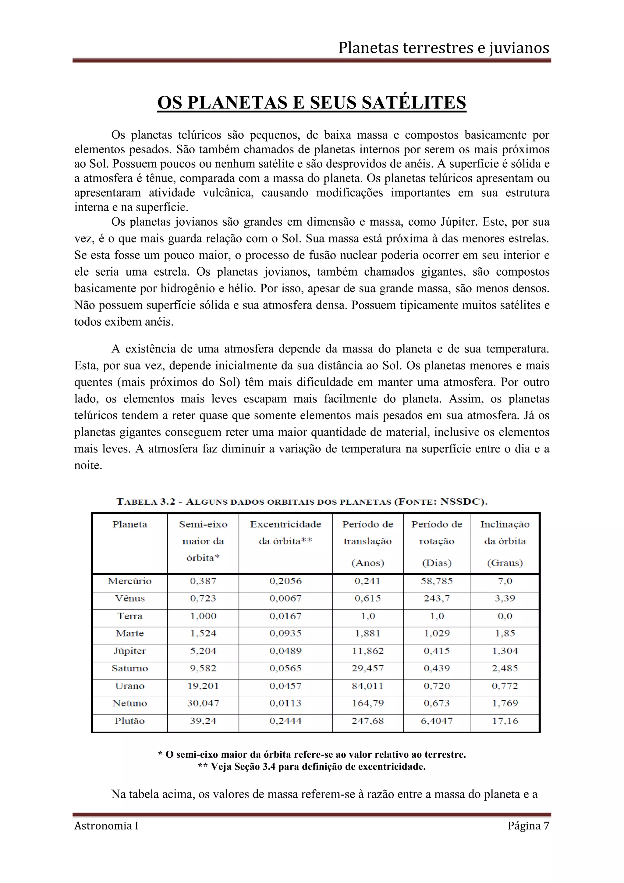 Planetas terrestres e juvianos
Astronomia I Página 7
OS PLANETAS E SEUS SATÉLITES
Os planetas telúricos são pequenos, de baixa massa e compostos basicamente por
elementos pesados. São também chamados de planetas internos por serem os mais próximos
ao Sol. Possuem poucos ou nenhum satélite e são desprovidos de anéis. A superfície é sólida e
a atmosfera é tênue, comparada com a massa do planeta. Os planetas telúricos apresentam ou
apresentaram atividade vulcânica, causando modificações importantes em sua estrutura
interna e na superfície.
Os planetas jovianos são grandes em dimensão e massa, como Júpiter. Este, por sua
vez, é o que mais guarda relação com o Sol. Sua massa está próxima à das menores estrelas.
Se esta fosse um pouco maior, o processo de fusão nuclear poderia ocorrer em seu interior e
ele seria uma estrela. Os planetas jovianos, também chamados gigantes, são compostos
basicamente por hidrogênio e hélio. Por isso, apesar de sua grande massa, são menos densos.
Não possuem superfície sólida e sua atmosfera densa. Possuem tipicamente muitos satélites e
todos exibem anéis.
A existência de uma atmosfera depende da massa do planeta e de sua temperatura.
Esta, por sua vez, depende inicialmente da sua distância ao Sol. Os planetas menores e mais
quentes (mais próximos do Sol) têm mais dificuldade em manter uma atmosfera. Por outro
lado, os elementos mais leves escapam mais facilmente do planeta. Assim, os planetas
telúricos tendem a reter quase que somente elementos mais pesados em sua atmosfera. Já os
planetas gigantes conseguem reter uma maior quantidade de material, inclusive os elementos
mais leves. A atmosfera faz diminuir a variação de temperatura na superfície entre o dia e a
noite.
* O semi-eixo maior da órbita refere-se ao valor relativo ao terrestre.
** Veja Seção 3.4 para definição de excentricidade.
Na tabela acima, os valores de massa referem-se à razão entre a massa do planeta e a
 