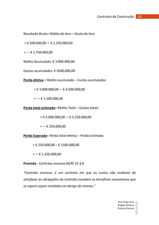 24Contratos de Construção
Ana Filipa Silva
Brígida Oliveira
Patrícia Pereira
Resultado Bruto= Rédito do Ano – Gasto do Ano
= € 500.000,00 € 2.250.000,00
= € 1.750.000,00
Rédito Acumulado: € 3.000.000,00
Gastos acumulados: € 4500.000,00
Perda efetiva = Rédito acumulado – Custos acumulados
= € 3.000.000,00 € 4.500.000,00
= € 1.500.000,00
Perda total estimada= Rédito Total – Gastos totais
= € 5.000.000,00 € 5.250.000,00
= 	€ 250.000,00
Perda Esperada= Perda total efetiva – Perda estimada
= € 250.000,00 – € 1500.000,00
= € 1.250.000,00
Provisão - Contrato oneroso NCRF 21 § 8
“Contrato oneroso: é um contrato em que os custos não evitáveis de
satisfazer as obrigações do contrato excedem os benefícios económicos que
se espera sejam recebidos ao abrigo do mesmo.”
 