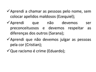 Aprendi a chamar as pessoas pelo nome, sem colocar apelidos maldosos (Ezequiel); Aprendi que não devemos ser preconceituosos e devemos respeitar as diferenças dos outros (Sarana); Aprendi que não devemos julgar as pessoas pela cor (Cristian); Que racismo é crime (Eduardo); 